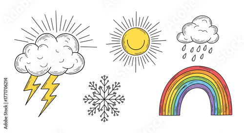 Charming hand-drawn weather icon set showcasing diverse climate elements like a bright sun, stormy cloud, gentle rain, delicate snowflake, and vibrant rainbow