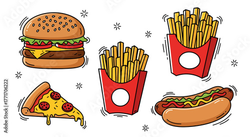 Hand-drawn cartoon set of popular fast food tasty burger, golden fries, cheesy pizza slice, and savory hot dog. Ideal for menus