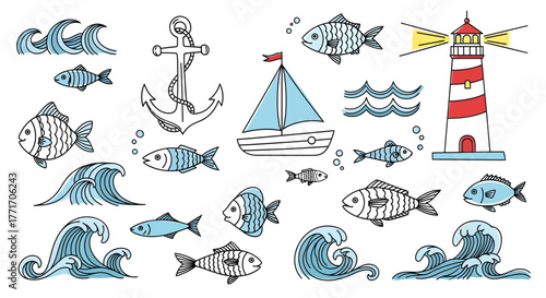 Charming hand-drawn marine and nautical collection fish, waves, anchor, sailboat, and lighthouse. A delightful artistic assortment for sea-themed designs