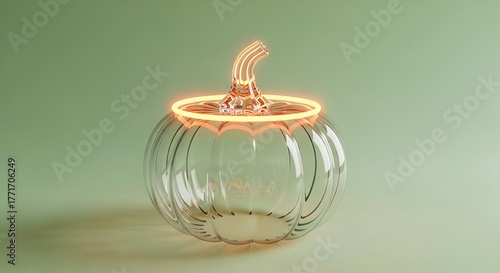 Elegant glass pumpkin with a neon ring glowing on a soft green background for modern halloween decor