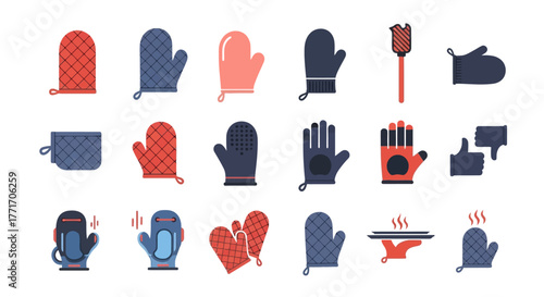 A collection of illustrated oven mitts and gloves in various styles, colors, and designs, displayed on a white background.