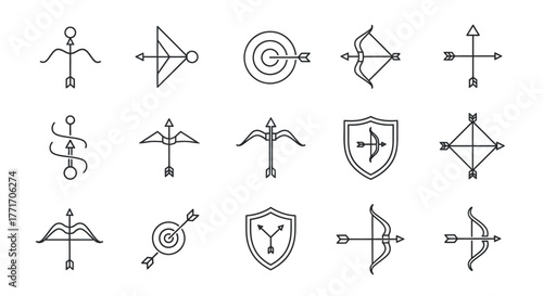 A collection of fifteen minimalist line art illustrations depicting bows and arrows, targets, and shields, arranged in a grid pattern on a white background.