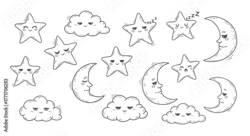 Whimsical Hand-Drawn Celestial Collection Expressive Cartoon Stars, Moons, and Clouds with Various Moods, Perfect for Cute Designs and Night Sky Themes