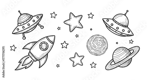 Hand-drawn outline doodle set of space elements rocket, UFOs, planets, stars. Ideal for cosmic exploration, science fantasy, and imaginative universe themes