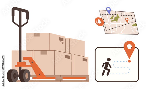 Hand pallet jack loaded with cardboard boxes and route map with icons for navigation and destination tracking. Ideal for logistics, transportation, delivery, warehouse, supply chain, shipment