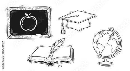 Hand-drawn educational icons blackboard, apple, graduation cap, open book with quill, globe. Sketchy illustrations for school and learning concepts