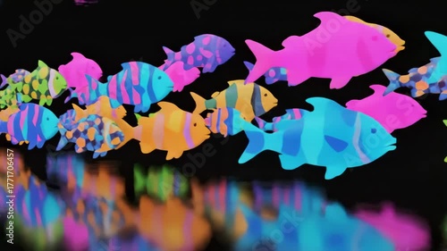 Cartoon Fish Swim Together With Reflections and Color Changing Light