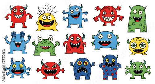 Playful and diverse set of colorful cartoon monsters, each with unique features and expressions, perfect for whimsical illustrations and creative projects