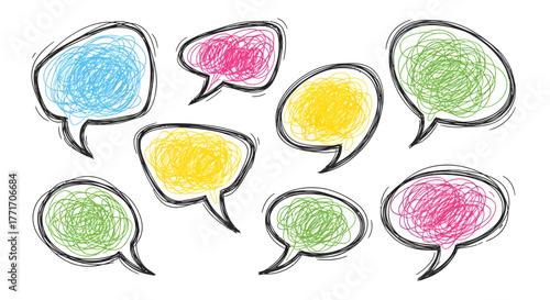 Vibrant collection of hand-drawn scribble speech bubbles, perfect for illustrating communication, dialogue, and whimsical thought concepts in a playful doodle style