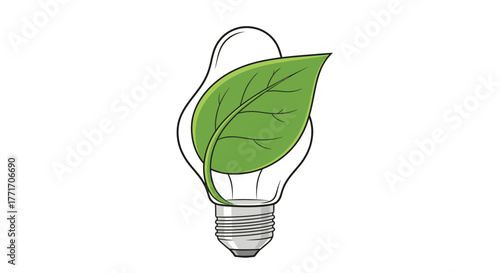 Vibrant green leaf gently embraced by a stylized lightbulb, a compelling visual metaphor for sustainable energy, eco-friendly solutions, and the bright spark of environmental innovation