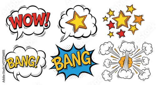 Exciting collection of pop art comic style speech bubbles, dynamic sound effect graphics, and star elements for vibrant retro designs and expressive communication
