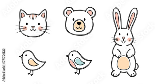 Delightful collection of cute hand-drawn animal illustrations featuring an adorable cat, a friendly bear, charming little birds, and a sweet rabbit character, perfect for various design projects
