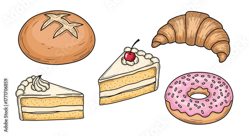 An inviting array of diverse baked goods, featuring artisanal bread, flaky croissants, sweet donuts, and rich cake slices, celebrating the delicious craft of careful culinary preparation