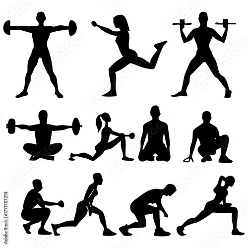 A diverse set of isolated black silhouettes depicting men and women performing various gym workouts and fitness exercises