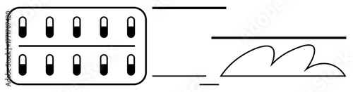 Pills in a blister pack and symbolic heart rate lines. Ideal for healthcare, medicine, wellness, pharmacy, cardiology, prescription, or diagnostics. Simple flat metaphor