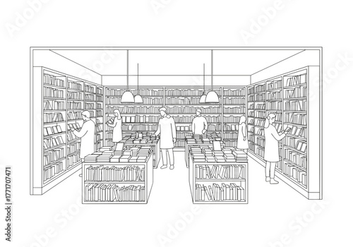 Line art of people browsing books in a cozy bookstore interior  