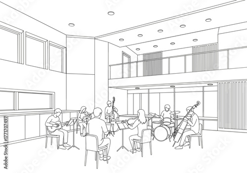 Group of musicians rehearsing in studio with instruments and chairs  