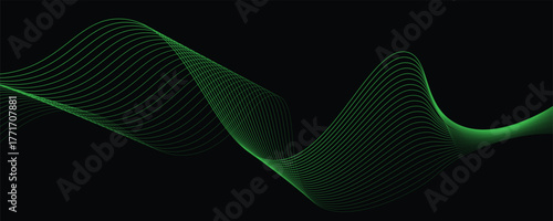 Long exposure photograph of neon green colour in an abstract swirl, parallel lines pattern against a black background. Light painting photography.