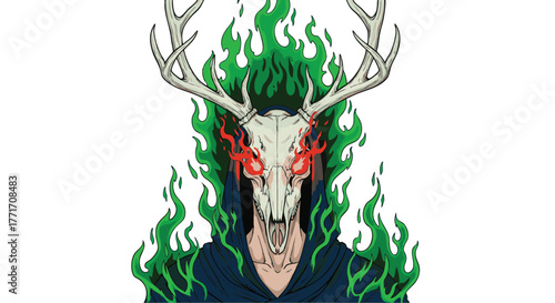 Mysterious figure with deer skull and green flames illustration