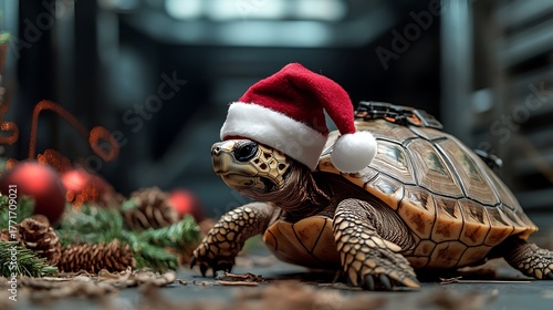 Turtle wearing a santa hat surrounded by christmas decorations creating a festive holiday scene