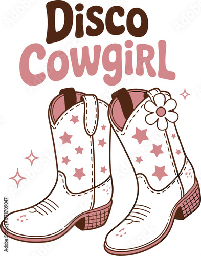 Retro disco cowgirl boots illustration with pink stars and flower decoration, vintage western fashion design, fun girly country style art