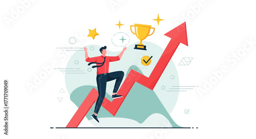 Achieving Success Through Determination Businessman Climbing Up The Growth Arrow Goal