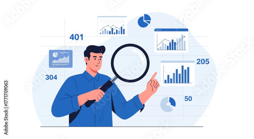 Analyst Exploring Data Visualizations Using Magnifying Glass For Insights and Analysis