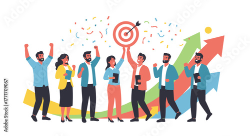 Achieving The Target: A Team Celebrates Success With Growth Arrows and Confetti