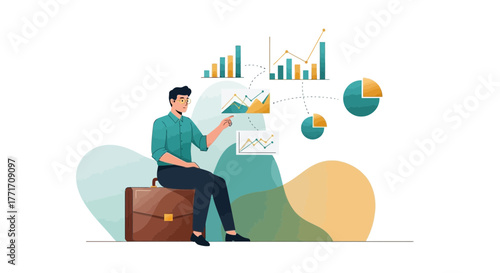 Business Analyst Illustrating Financial Growth and Market Share with Charts and Data