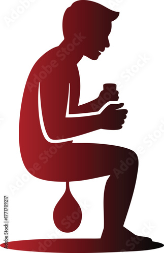 Silhouette of a person squatting and drinking from a small cup, simple vector illustration.