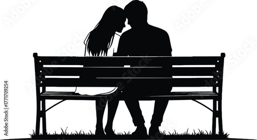 Romantic couple silhouette sitting close on park bench, love and affection concept, black vector on white background.