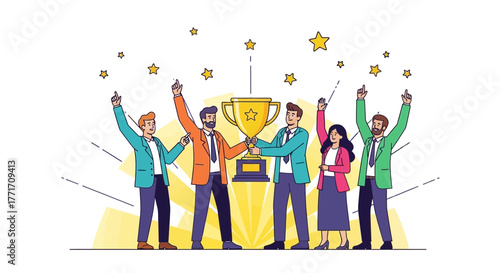 Business Team Celebrating Victory Holding a Trophy of Success and Achieving Goals