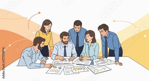 Business Team Collaboration: Group Analyzing Statistics and Data On A Shared Table