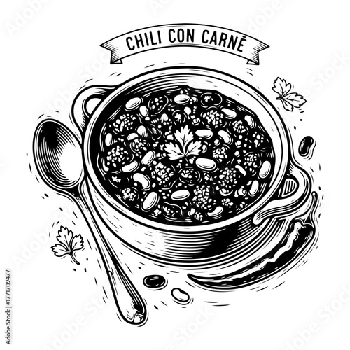 A hand-drawn, vintage-style black and white illustration of a bowl of chili con carne with a spoon.