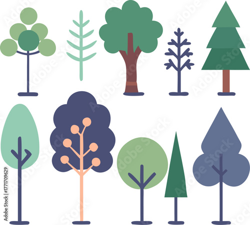 realistic, detailed, colorful, highly detailed, botanical illustration, tree collection, variety of trees, different species of trees, natural scenery, foliage, leaves, branches, plants, vegetation, b