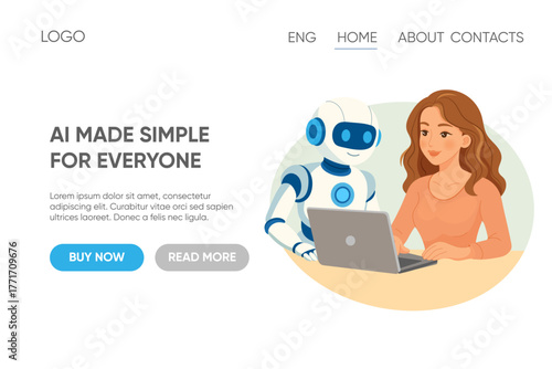 Landing page concept with AI robot helping woman use computer