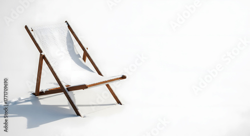 Snow on deck chair in minimalistic style on white background  