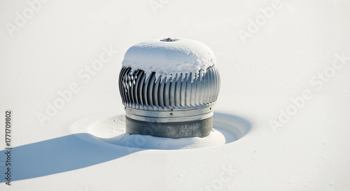 Snow on rooftop vent covered with white snow in winter landscape  