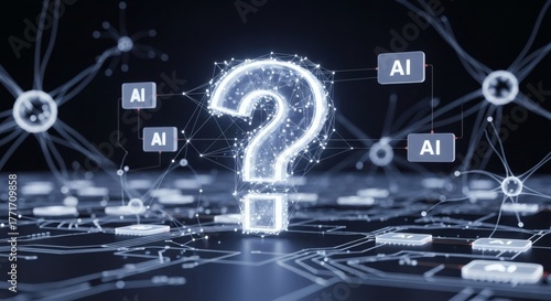 Question mark with artificial intelligence network connections and digital AI symbols — futuristic technology concept illustration