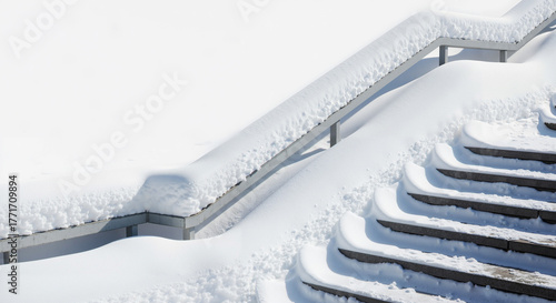 Snow piled on stairs and railing in winter landscape  