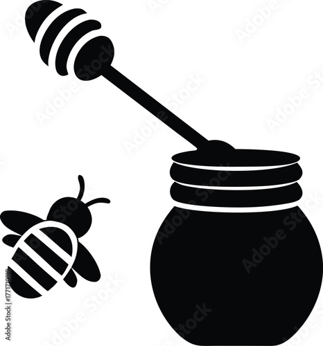 Honey dipper dripping honey into a jar with bee icon nearby silhouette vector
