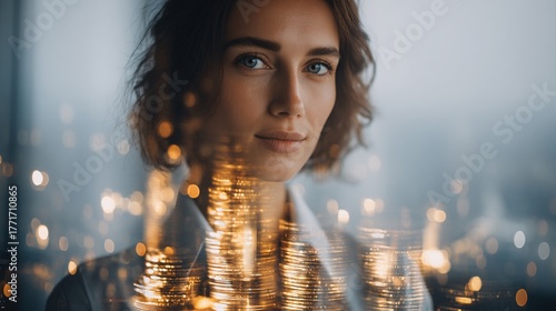 double exposure showing Gen Y woman overlayed with golden coins and skyscrapers, representing female empowerment, business growth, and success. Soft light, elegant composition, wide space for 