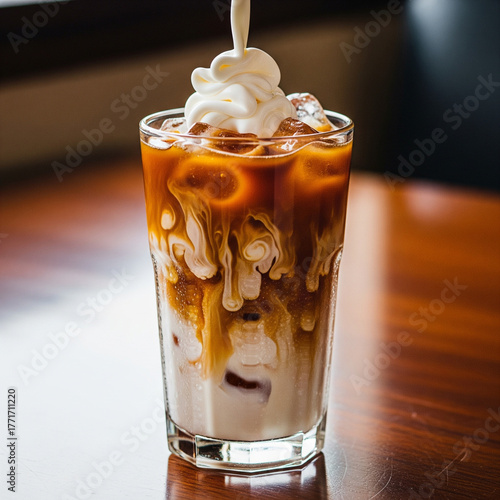 Pouring creamy swirls into refreshing iced coffee with condensation on glass