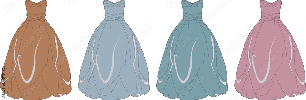 Φωτογραφία A beautifully illustrated collection of four elegant princess style ball gowns i