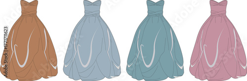 A beautifully illustrated collection of four elegant princess style ball gowns in various colors for a formal event or debut