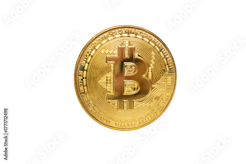 Close-up of shiny golden bitcoin cryptocurrency coin on black background