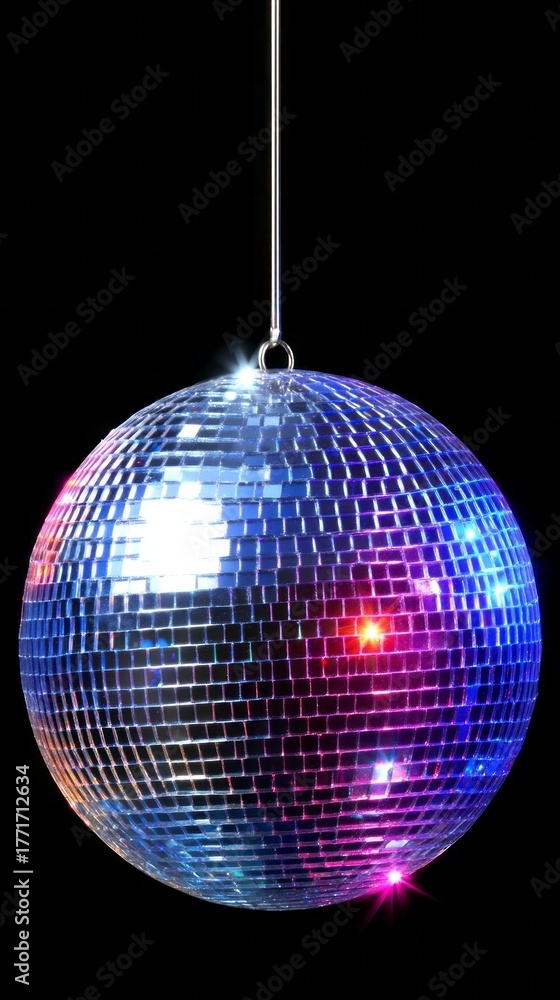Obraz premium A mesmerizing disco ball hangs from the ceiling, reflecting a dazzling array of colorful lights. The ambiance is lively, filled with joy as people dance and celebrate around it