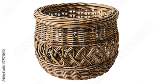Traditional woven willow basket with intricate decorative banding isolated on transparent background