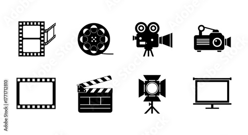 Cinema icons set: flat style retro movie equipment and film symbols