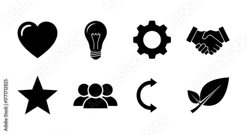 Essential business icons set: heart, light bulb, gear, handshake, star, team, refresh, leaf